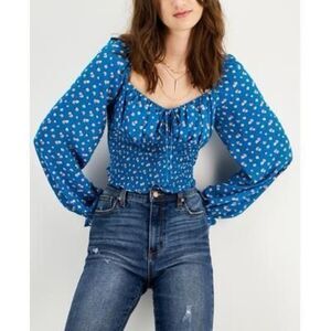 Kingston Grey Womens Juniors Smocked Blouson-Sleeve Tie-Neck Top Blue X-Large